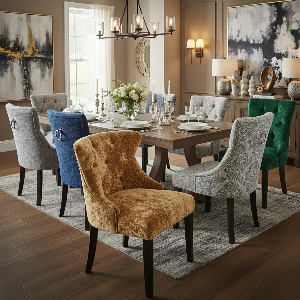 Upholstered dining chairs around a table, showcasing comfort and customization options in a warm dining environment