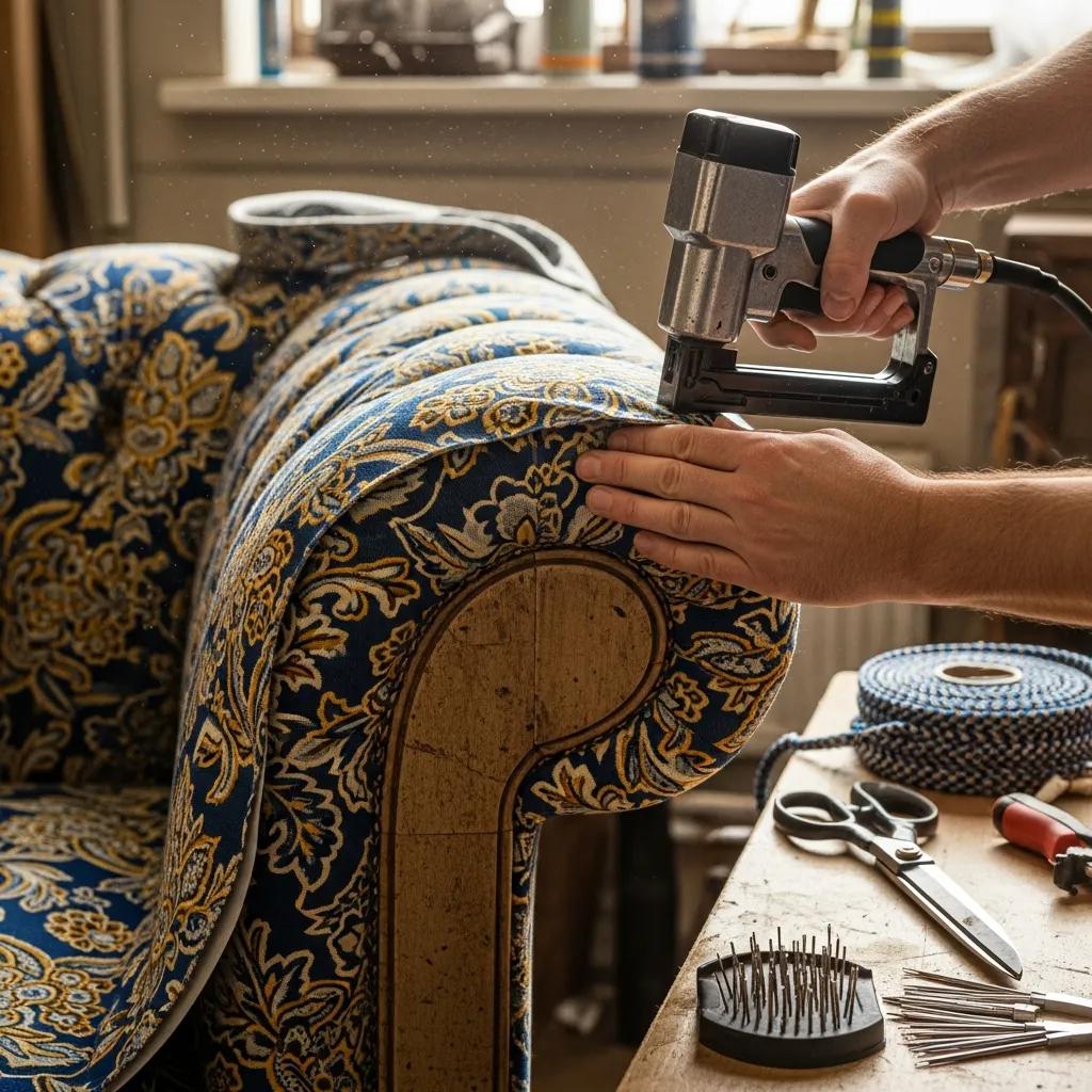 Upholsterer replacing fabric on a vintage sofa, demonstrating expert upholstery repair techniques