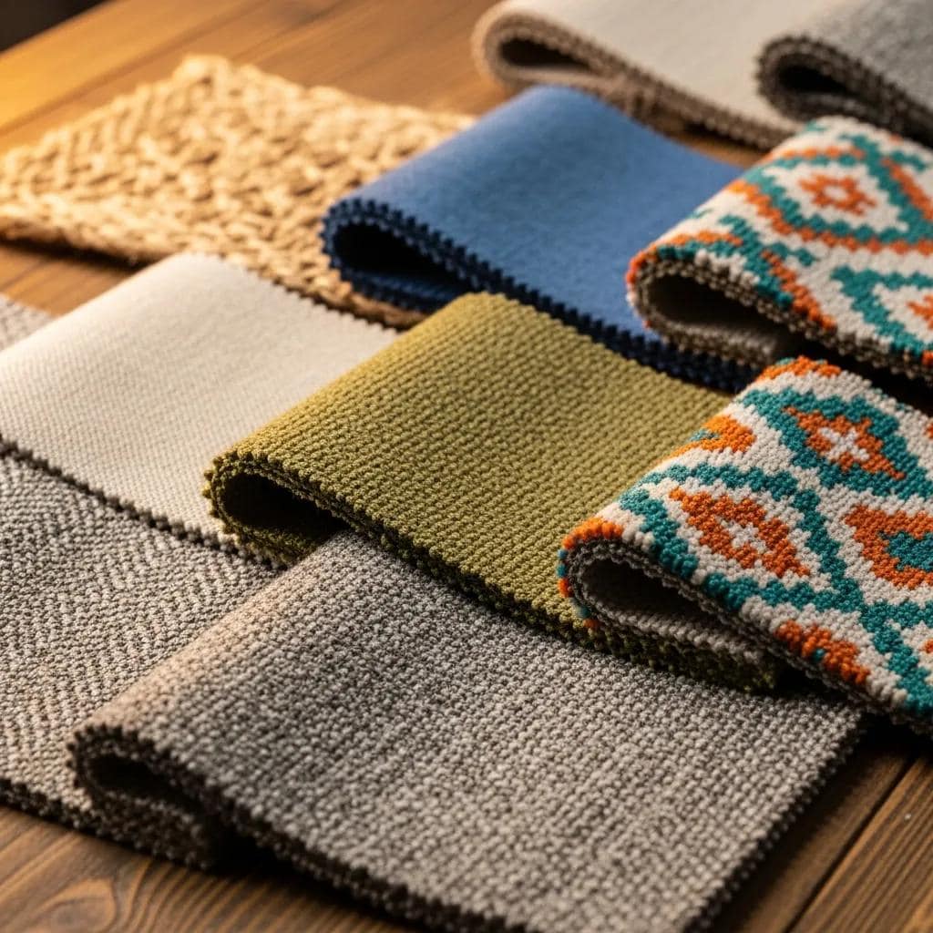 Close-up swatches of upholstery fabrics showing natural and synthetic textures and colors
