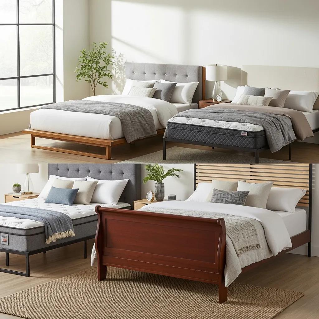 Assortment of bed frames and mattresses suitable for queen-size beds
