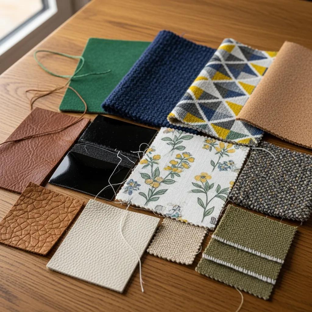 Variety of upholstery materials for bespoke armchairs, showcasing leather, fabric, and sustainable options