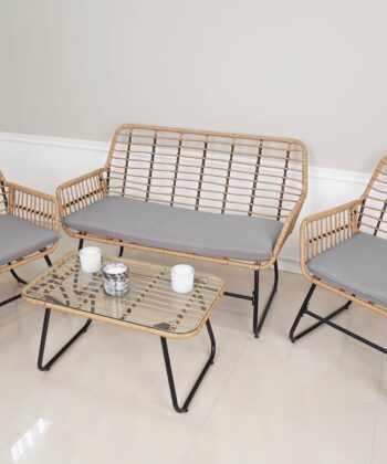 Vermont Grey Rattan Garden Set – 2 Armchairs, Sofa & Glass Table