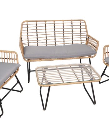Vermont Grey Rattan Garden Set – 2 Armchairs, Sofa & Glass Table