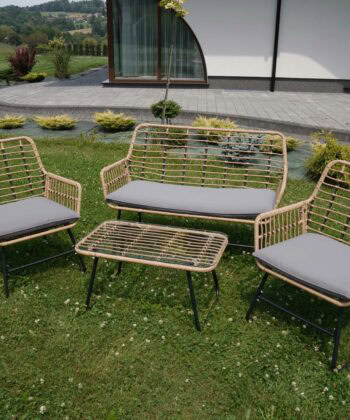 Vermont Grey Rattan Garden Set – 2 Armchairs, Sofa & Glass Table
