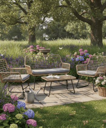 Vermont Grey Rattan Garden Set – 2 Armchairs, Sofa & Glass Table