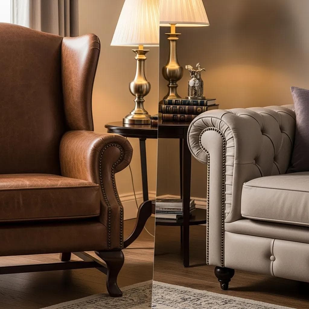 Wingback and Chesterfield chairs in a cosy setting, showing classic details