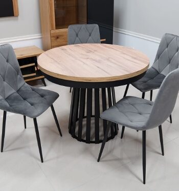 Wotan Forge Round Extendable Table – Loft Oak 36mm Black Steel Base Dining Ø90cm +50cm = Ø140cm