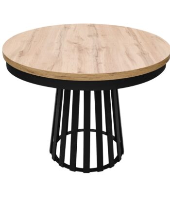 Wotan Forge Round Extendable Table – Loft Oak 36mm Black Steel Base Dining Ø90cm +50cm = Ø140cm