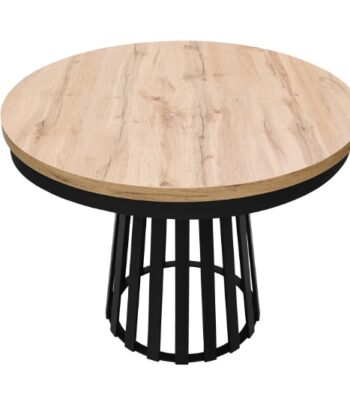 Wotan Forge Round Extendable Table – Loft Oak 36mm Black Steel Base Dining Ø90cm +50cm = Ø140cm
