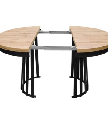 Wotan Forge Round Extendable Table – Loft Oak 36mm Black Steel Base Dining Ø90cm +50cm = Ø140cm
