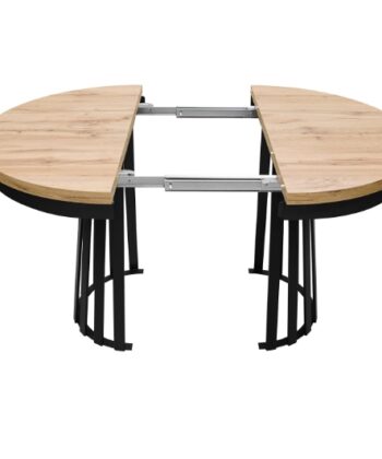 Wotan Forge Round Extendable Table – Loft Oak 36mm Black Steel Base Dining Ø90cm +50cm = Ø140cm