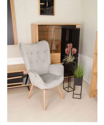 Aurora Light Grey Velvet Wingback Chair – Button-Tufted