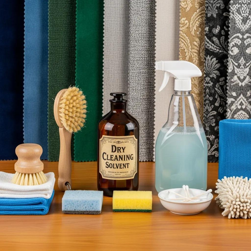 Cleaning supplies and fabric swatches laid out to show safe cleaning methods