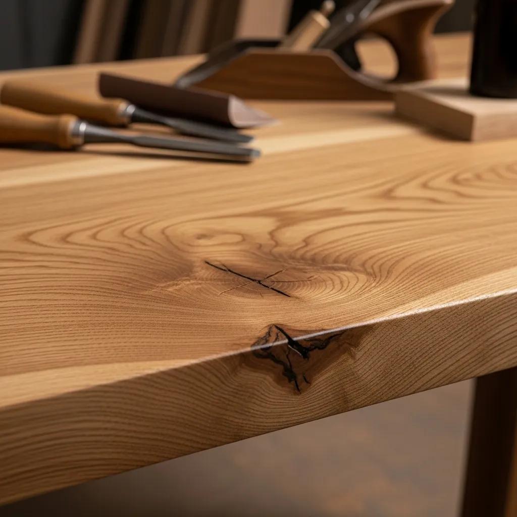 Close-up of a handcrafted solid oak dining table, highlighting unique grain patterns and artisanal craftsmanship