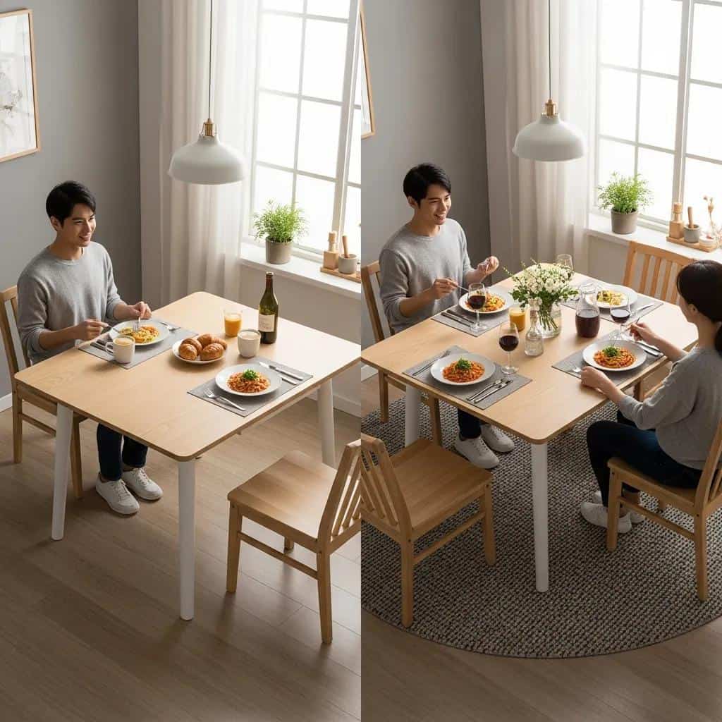 Compact extendable dining table in a small dining area, illustrating space-saving features and adaptability