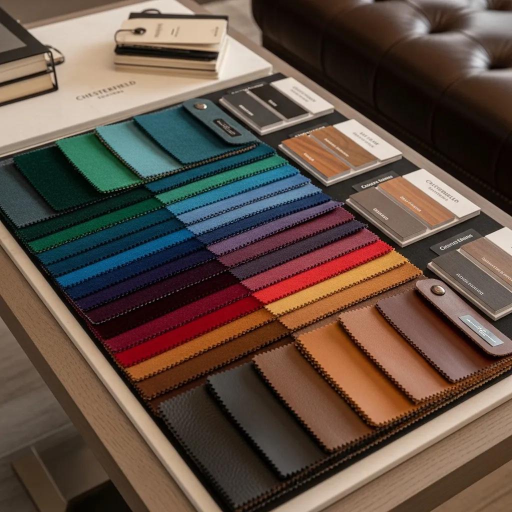 Display of customization options for Chesterfield coffee tables, featuring luxurious fabric swatches and color samples