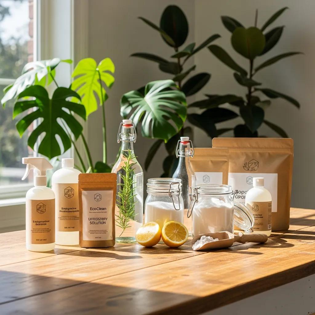 Eco-friendly cleaning products arranged on a wooden table
