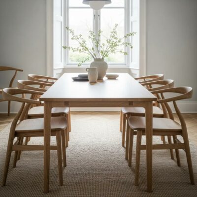 Elegant Scandinavian oak and beech wood dining chairs in a stylish dining room setting