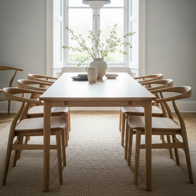 Elegant Scandinavian oak and beech wood dining chairs in a stylish dining room setting