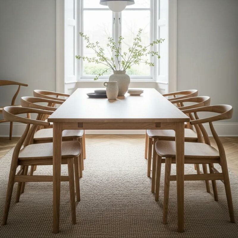 Elegant Scandinavian oak and beech wood dining chairs in a stylish dining room setting