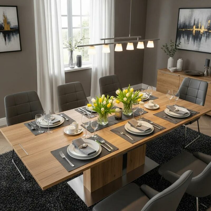 Modern extendable dining table set for a meal, showcasing elegance and versatility in a stylish dining room