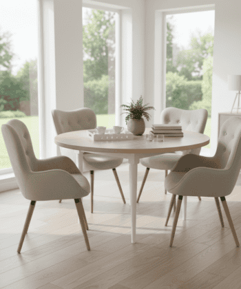 Odyssey Scandinavian round dining table with Sonoma oak top and white beech legs, surrounded by modern upholstered chairs in a bright, airy setting.