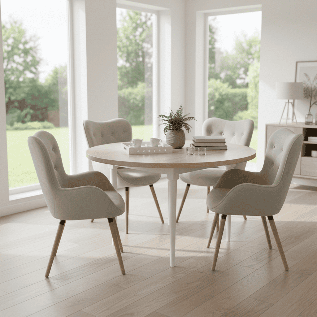 Odyssey Scandinavian round dining table with Sonoma oak top and white beech legs, surrounded by upholstered chairs in a modern interior setting with natural light.