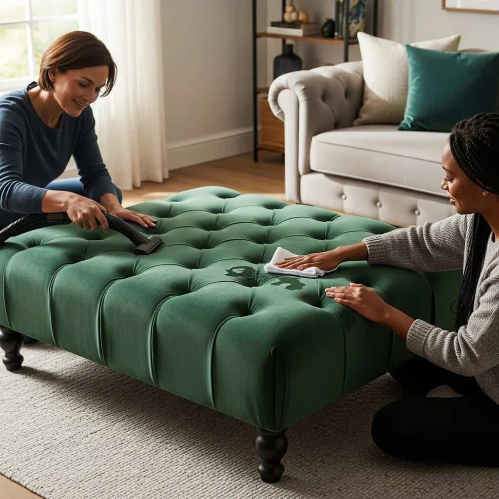 Person maintaining velvet upholstery on a Chesterfield coffee table, demonstrating care practices