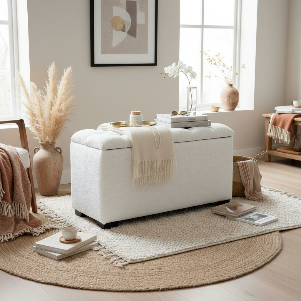 Luxury Bouclé Storage Benches & Ottomans