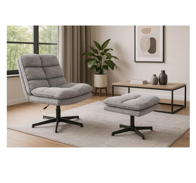 Savona Light Grey Ergonomic Swivel Armchair with Ottoman