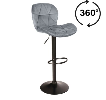 Zoya Black Adjustable Bar Stool – Grey Velvet, Black Metal Base