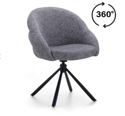 Lilia Grey Chenille Swivel Chair with black metal base, featuring 360° rotation and auto-return, designed for comfort and style in dining rooms, offices, and cafés.