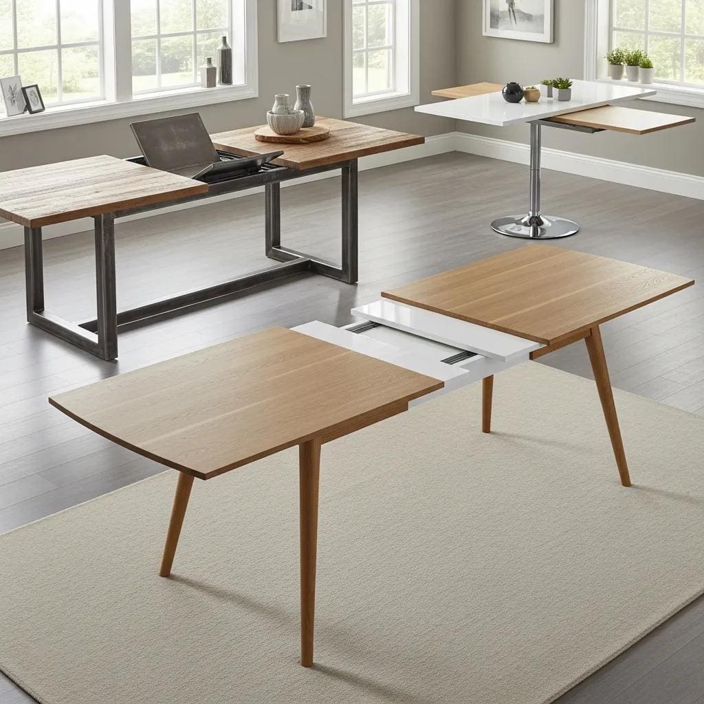 Modern extendable dining tables in Scandinavian and industrial styles, featuring wooden surfaces and sleek designs, set in a bright interior space.