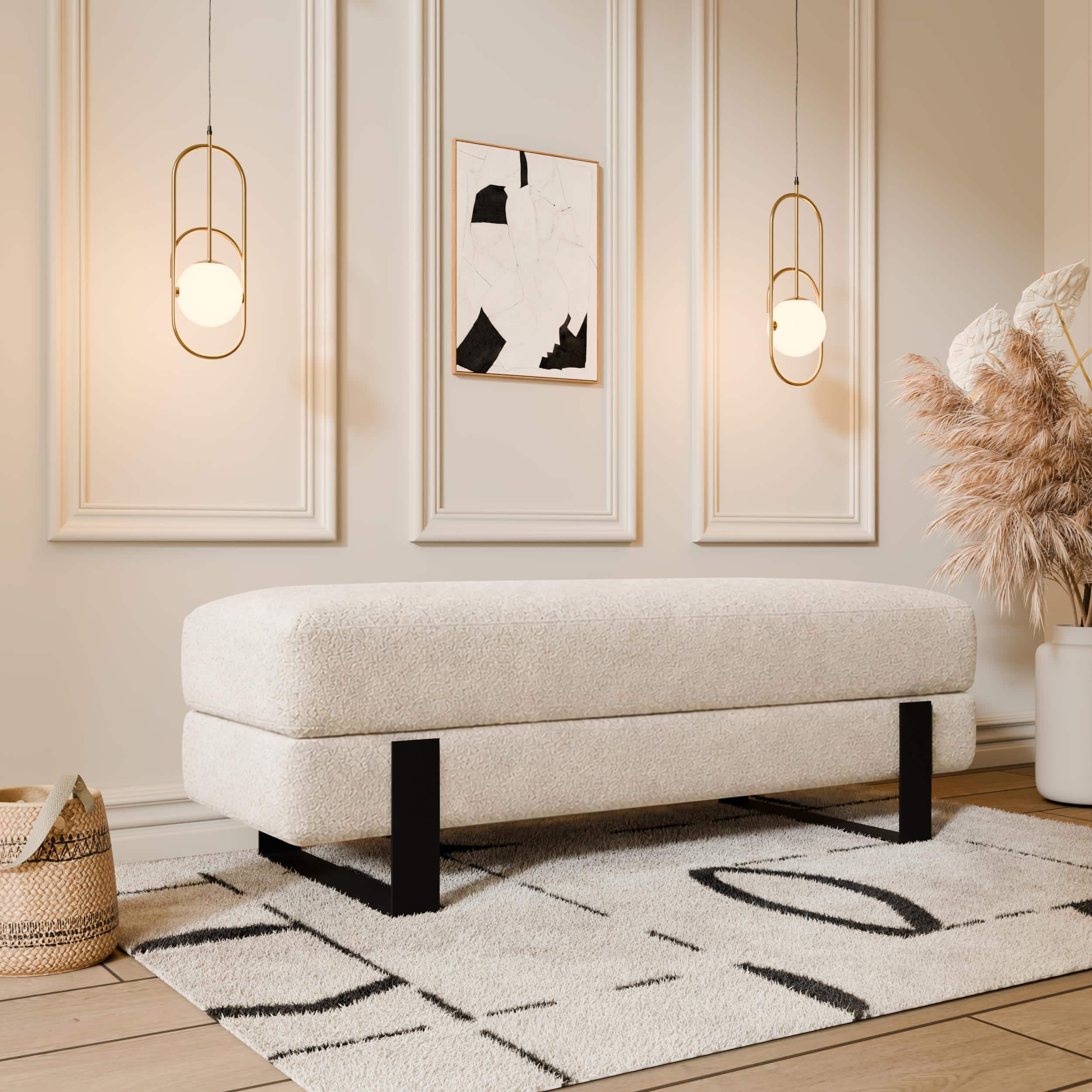 Arena Velvet Lounge Bench – Cream Fabric, Slim Metal Legs