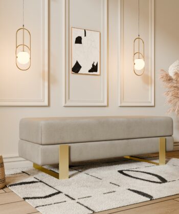 Arena Velvet Lounge Bench – Cream Fabric, Slim Metal Legs