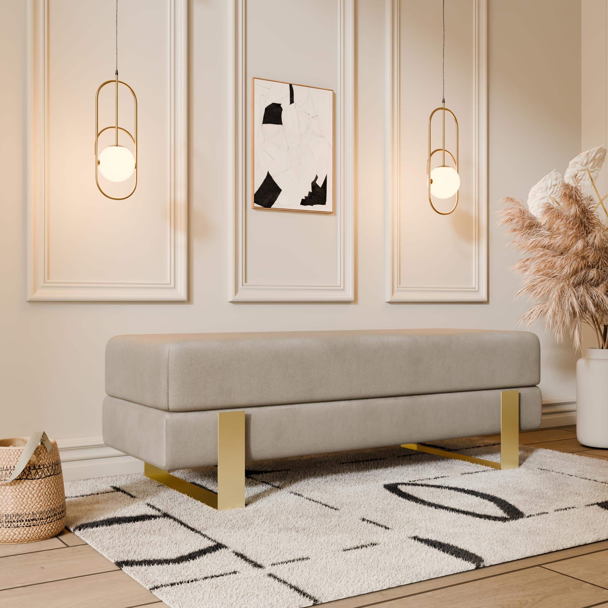 Arena Velvet Lounge Bench – Cream Fabric, Slim Metal Legs