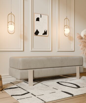 Arena Velvet Lounge Bench – Cream Fabric, Slim Metal Legs