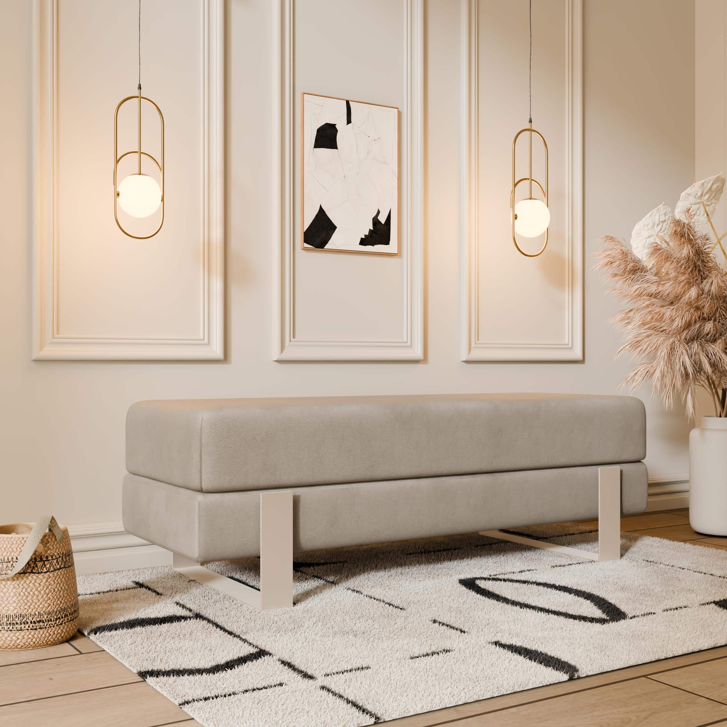 Arena Velvet Lounge Bench – Cream Fabric, Slim Metal Legs