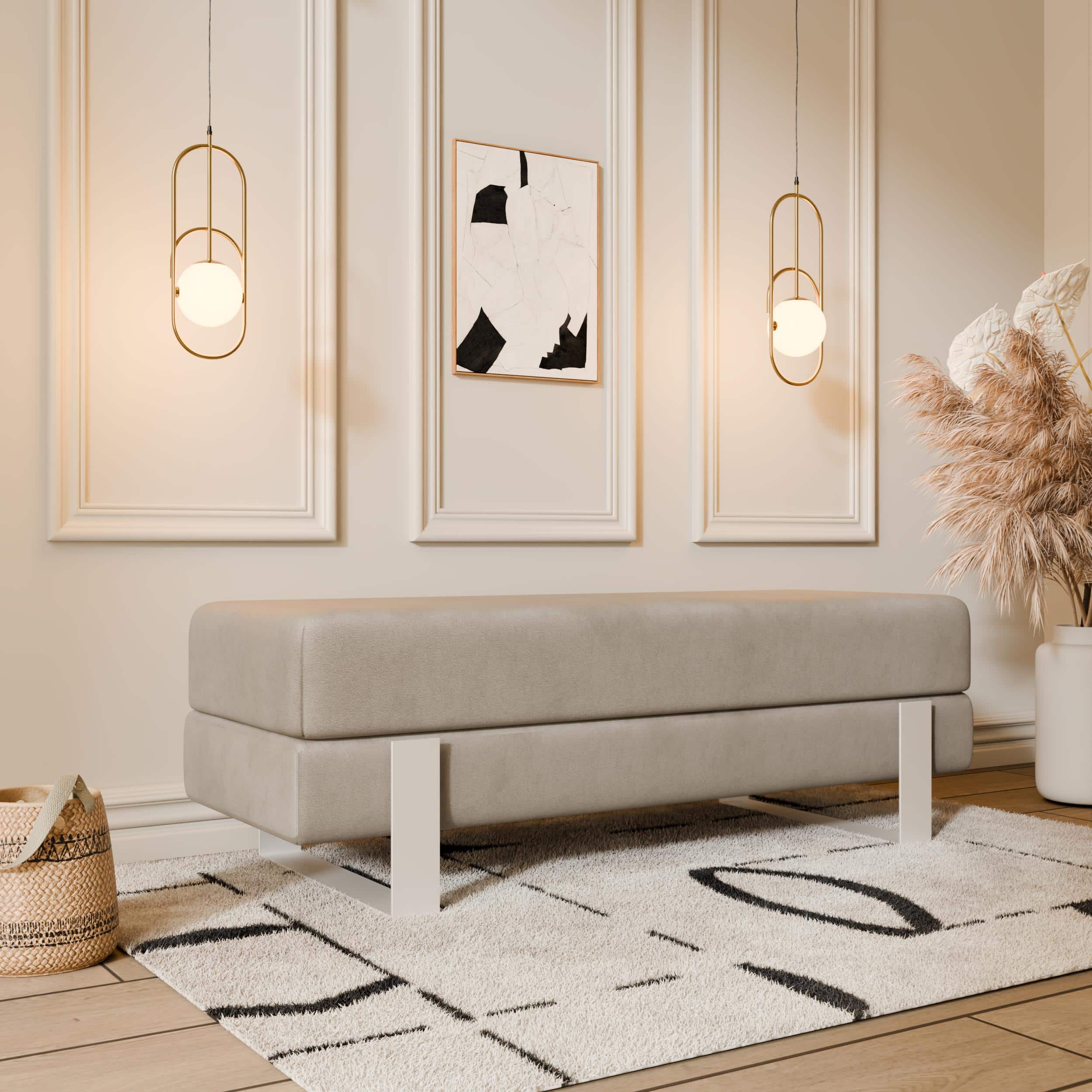 Arena Velvet Lounge Bench – Cream Fabric, Slim Metal Legs