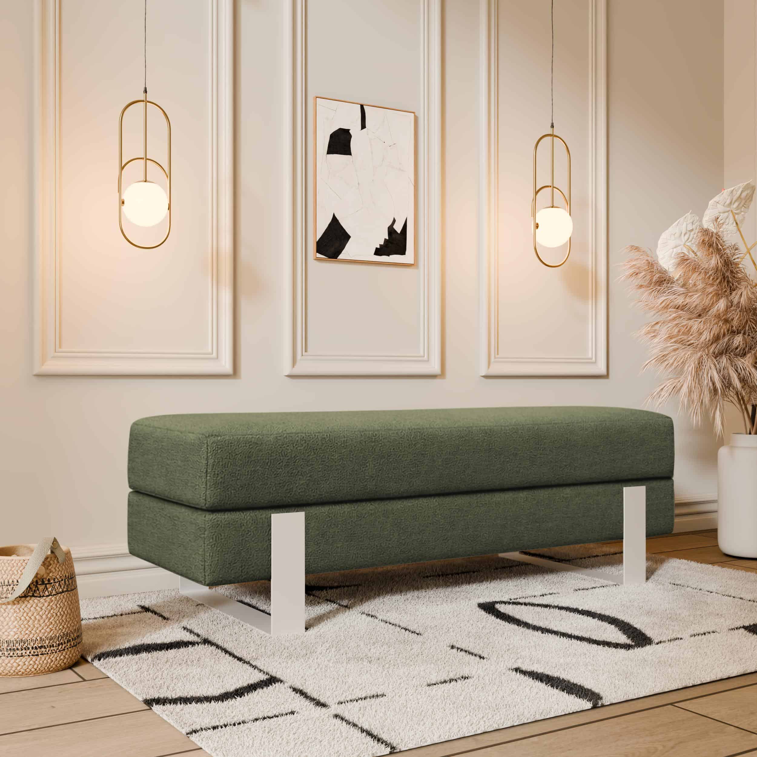 Arena Velvet Lounge Bench – Cream Fabric, Slim Metal Legs