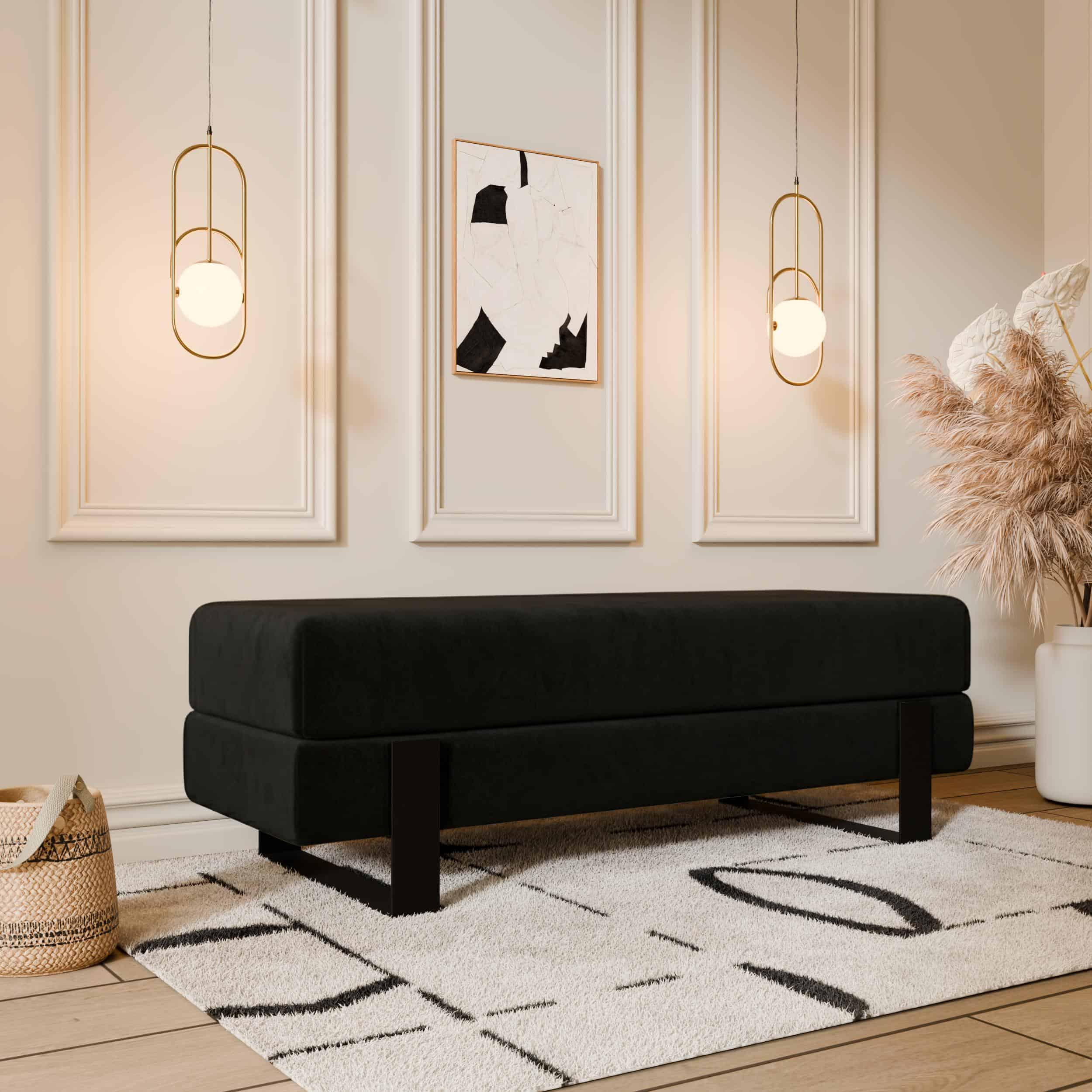 Arena Velvet Lounge Bench – Cream Fabric, Slim Metal Legs