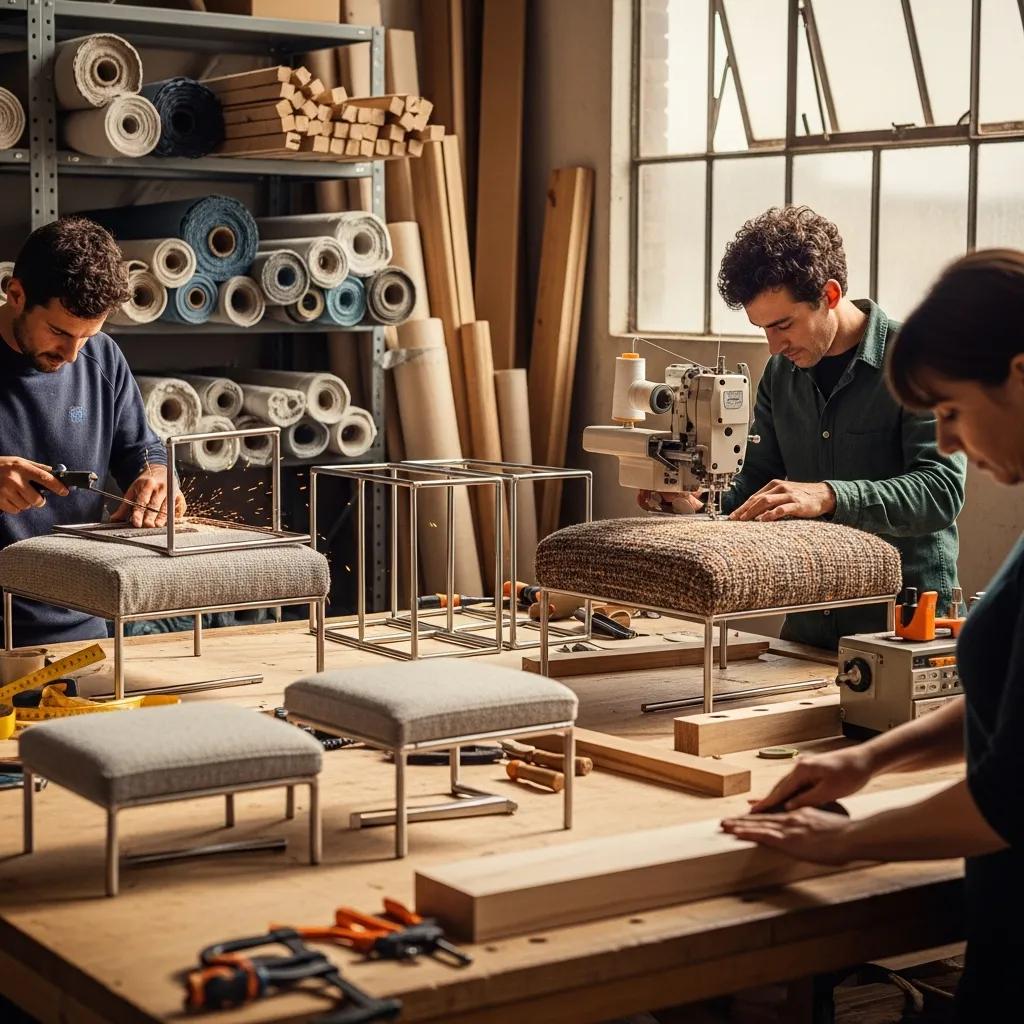 Artisans crafting custom footstools with sustainable materials, showcasing ethical craftsmanship at PouffeLOVE