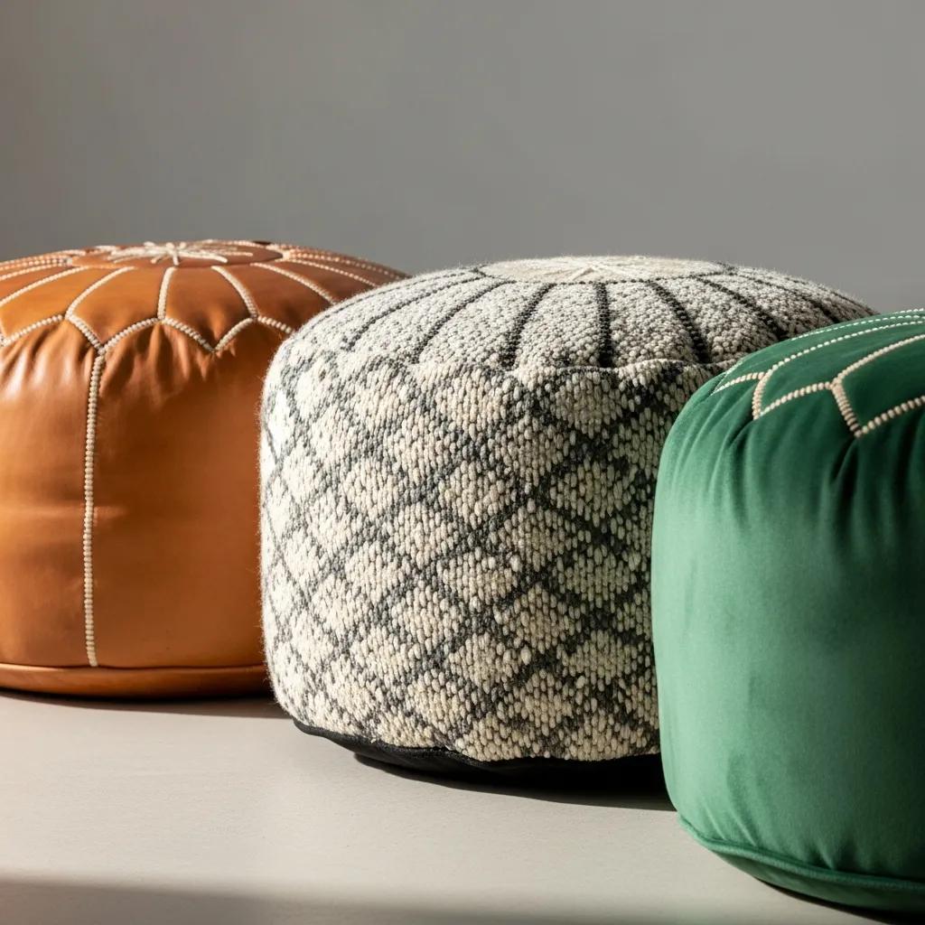 Close-up of leather, fabric and velvet pouffes showing their different textures