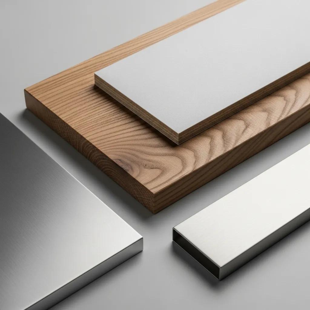 Close-up of solid wood, MDF and metal finishes used in extendable dining tables
