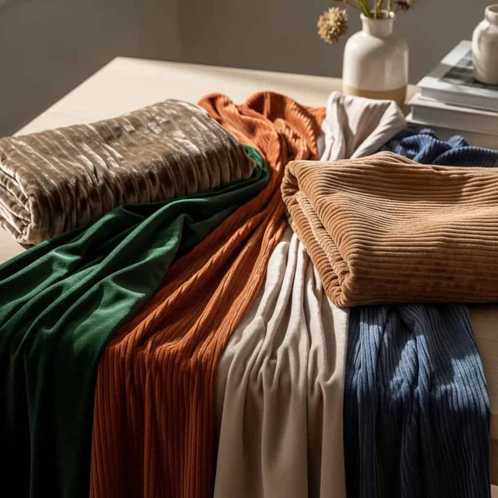 Close-up of sustainable velvet fabrics showcasing textures and colors in a home decor setting