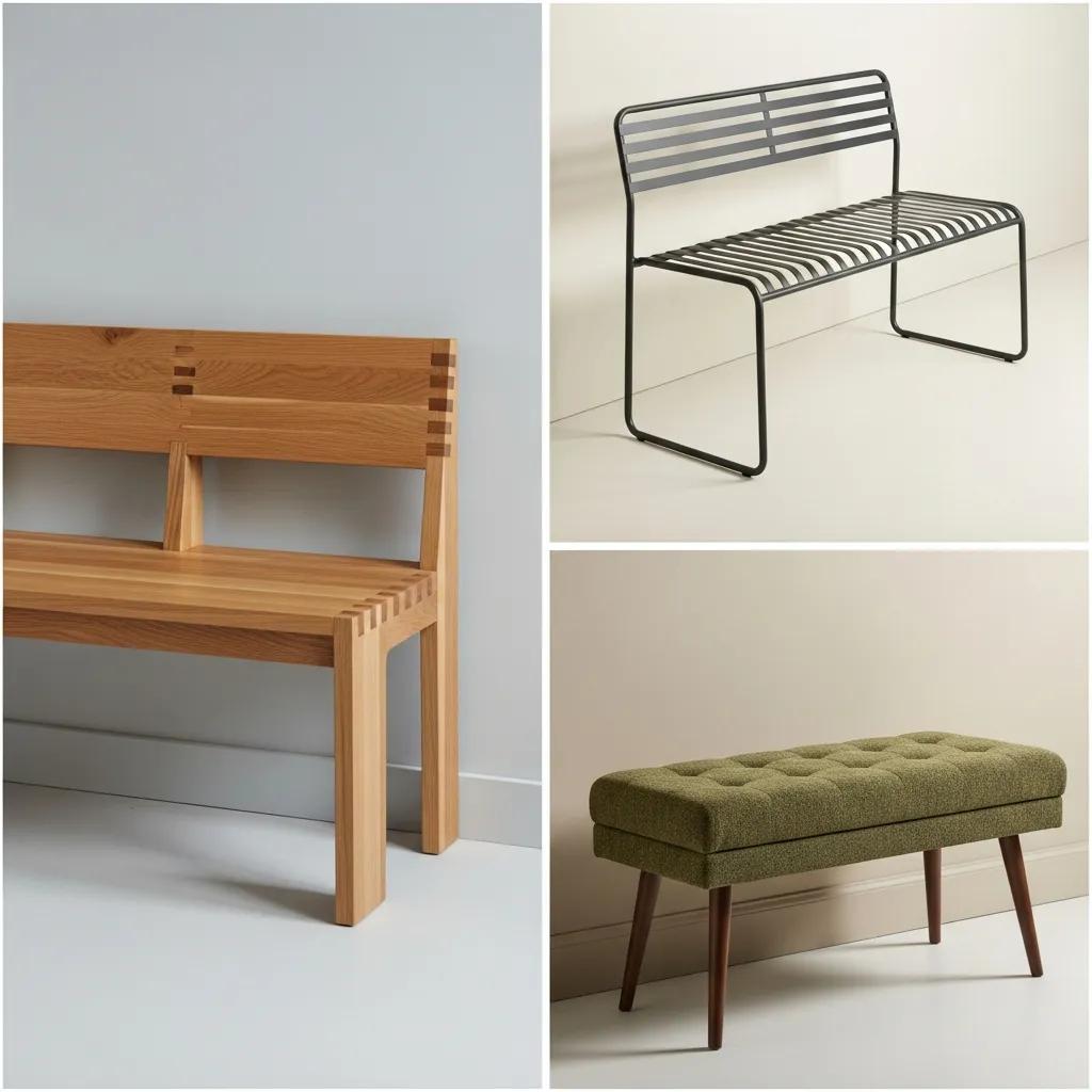 Collage of wooden, metal, and upholstered hallway benches showcasing different materials and styles