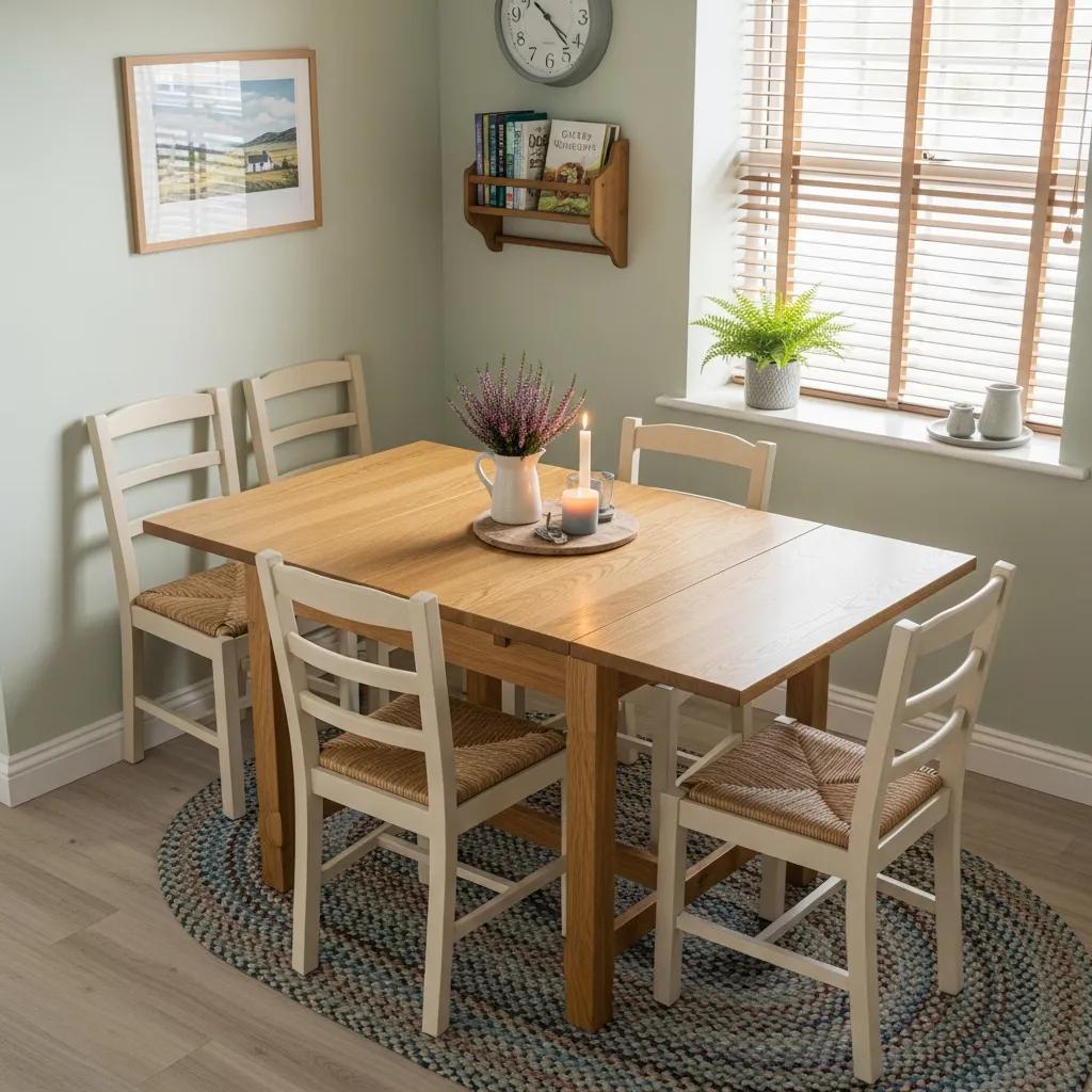 Compact extendable dining table in a small Irish apartment, showing space-saving use