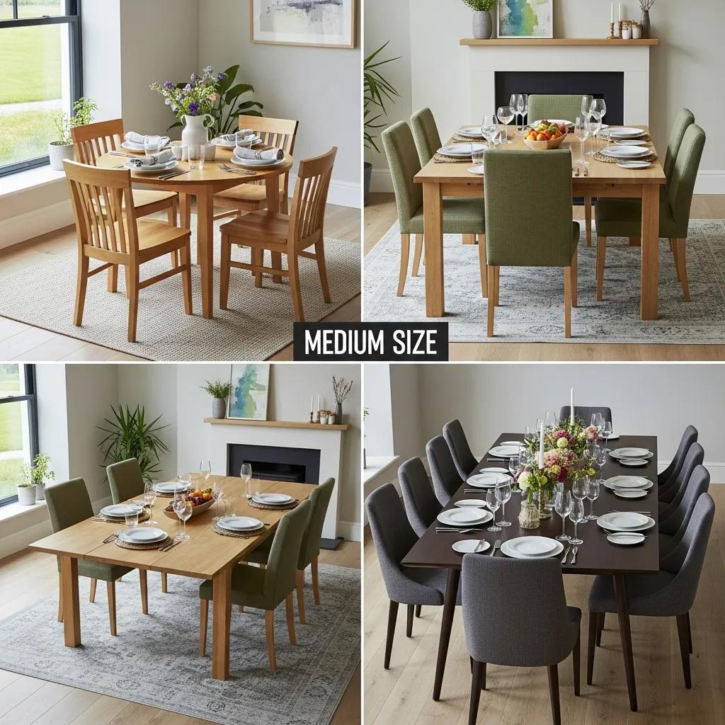 Medium-sized extendable dining tables in a modern Irish dining area, showcasing various seating arrangements for 4 to 8 people, featuring wooden and upholstered chairs, and elegant table settings for family gatherings.