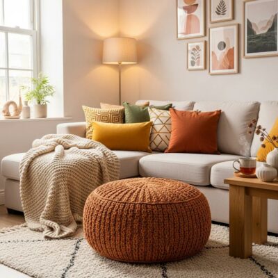 Cozy living room with a stylish pouffe as a focal point, showcasing its versatility and aesthetic appeal