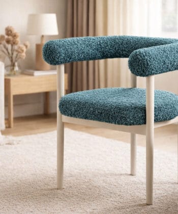 Embrace Bouclé Armchair – Wide Curved Beech Teal Lounge